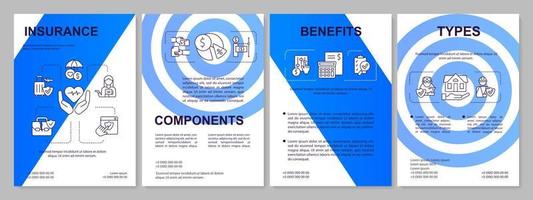 plantilla de folleto azul de protección de seguros. cobertura de accidentes de vida. diseño de folletos con iconos lineales. 4 diseños vectoriales para presentación, informes anuales. vector