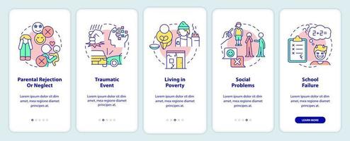 Conduct disorder risk factors onboarding mobile app screen. Walkthrough 5 steps graphic instructions pages with linear concepts. UI, UX, GUI template. vector