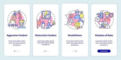 Conduct disorder groups of behavior onboarding mobile app screen. Walkthrough 4 steps graphic instructions pages with linear concepts. UI, UX, GUI template. vector