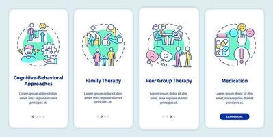 Conduct disorder treatment onboarding mobile app screen. Walkthrough 4 steps graphic instructions pages with linear concepts. UI, UX, GUI template. vector