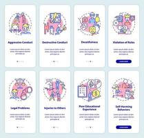 Conduct disorder onboarding mobile app screen set. Behavior and effect walkthrough 4 steps graphic instructions pages with linear concepts. UI, UX, GUI template.