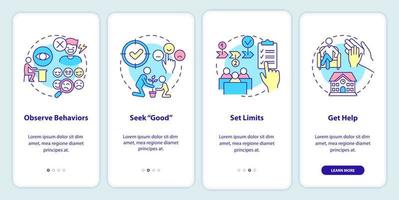 Conduct disorder tips for teacher onboarding mobile app screen. Walkthrough 4 steps graphic instructions pages with linear concepts. UI, UX, GUI template. vector