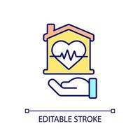Cardiology healthcare service RGB color icon. Hand holding house with heart. Cardiovascular hospital. Isolated vector illustration. Simple filled line drawing. Editable stroke.