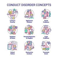 conjunto de iconos de concepto de trastorno de conducta. problema de salud mental. diagnóstico y tratamiento idea ilustraciones en color de línea delgada. símbolos aislados. trazo editable. vector