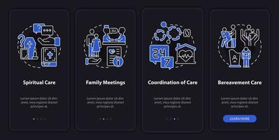 Hospice care night mode onboarding mobile app screen. Medical service walkthrough 4 steps graphic instructions pages with linear concepts. UI, UX, GUI template. vector