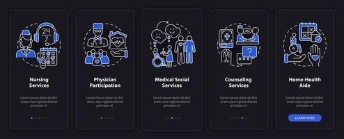 Hospice care provided services night mode onboarding mobile app screen. Walkthrough 5 steps graphic instructions pages with linear concepts. UI, UX, GUI template. vector