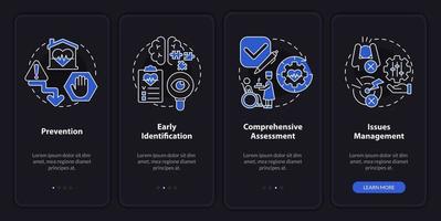 Palliative care night mode onboarding mobile app screen. Caregiving walkthrough 4 steps graphic instructions pages with linear concepts. UI, UX, GUI template. vector