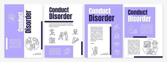 Conduct disorder guideline purple brochure template. Mental issue. Leaflet design with linear icons. 4 vector layouts for presentation, annual reports.