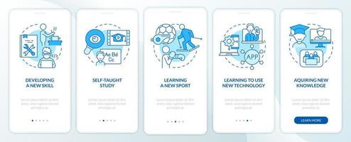 Lifelong learning example blue onboarding mobile app screen. Walkthrough 5 steps graphic instructions pages with linear concepts. UI, UX, GUI template. vector