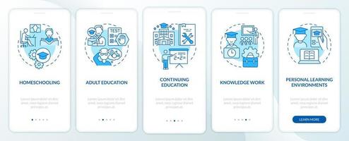 Lifelong learning contexts blue onboarding mobile app screen. Walkthrough 5 steps graphic instructions pages with linear concepts. UI, UX, GUI template. vector