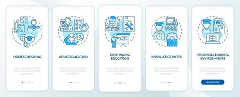 pantalla azul de la aplicación móvil de incorporación de contextos de aprendizaje permanente. tutorial 5 pasos páginas de instrucciones gráficas con conceptos lineales. interfaz de usuario, ux, plantilla de interfaz gráfica de usuario. vector