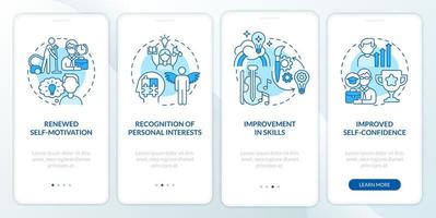Lifelong learning benefits blue onboarding mobile app screen. Walkthrough 4 steps graphic instructions pages with linear concepts. UI, UX, GUI template. vector