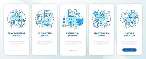 Adult education theories and forms blue onboarding mobile app screen. Walkthrough 5 steps graphic instructions pages with linear concepts. UI, UX, GUI template.