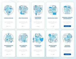Lifelong learning blue onboarding mobile app screen set. Walkthrough 5 steps graphic instructions pages with linear concepts. UI, UX, GUI template. vector