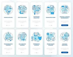 conjunto de pantalla de aplicación móvil de incorporación azul de aprendizaje permanente. tutorial 5 pasos páginas de instrucciones gráficas con conceptos lineales. interfaz de usuario, ux, plantilla de interfaz gráfica de usuario. vector