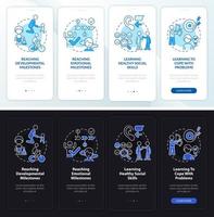 pantalla de aplicación móvil de incorporación de modo día y noche de salud mental para niños. tutorial 4 pasos páginas de instrucciones gráficas con conceptos lineales. interfaz de usuario, ux, plantilla de interfaz gráfica de usuario. vector