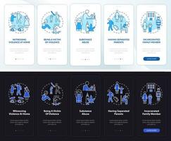 Childhood trauma night and day mode onboarding mobile app screen. Walkthrough 5 steps graphic instructions pages with linear concepts. UI, UX, GUI template. vector