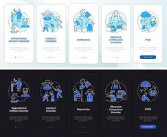 Child mental disorders night and day mode onboarding mobile app screen. Walkthrough 5 steps graphic instructions pages with linear concepts. UI, UX, GUI template. vector