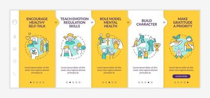 Raising mentally strong child yellow onboarding template. Emotion regulation. Responsive mobile website with linear concept icons. Web page walkthrough 5 step screens. vector