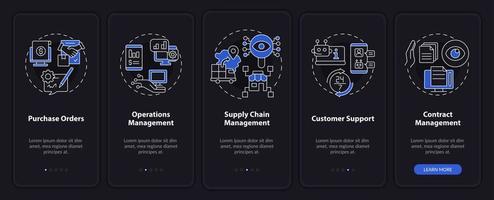 Business automation night mode onboarding mobile app screen. Walkthrough 5 steps graphic instructions pages with linear concepts. UI, UX, GUI template. vector