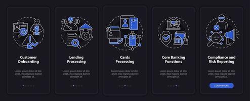 pantalla de aplicación móvil de incorporación de modo nocturno de banca automatizada. tutorial 5 pasos páginas de instrucciones gráficas con conceptos lineales. interfaz de usuario, ux, plantilla de interfaz gráfica de usuario. vector