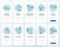 Circular economy practices blue onboarding mobile app screen set. Recycle walkthrough 5 steps graphic instructions pages with linear concepts. UI, UX, GUI template. vector