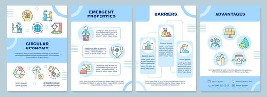 Circular economy approach blue brochure template. Emergent properties. Leaflet design with linear icons. 4 vector layouts for presentation, annual reports.