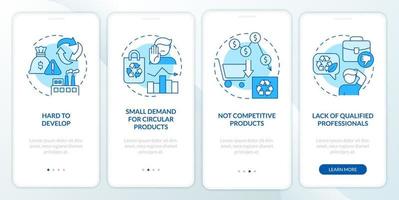 Circular economy disadvantages blue onboarding mobile app screen. Walkthrough 4 steps graphic instructions pages with linear concepts. UI, UX, GUI template.