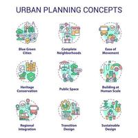 Urban planning concept icons set. City environment regulation. Town development process idea thin line color illustrations. Isolated symbols. Editable stroke. vector