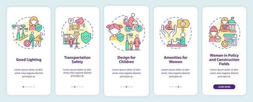 Comfortable city design for women and kids onboarding mobile app screen. Walkthrough 5 steps graphic instructions pages with linear concepts. UI, UX, GUI template. vector