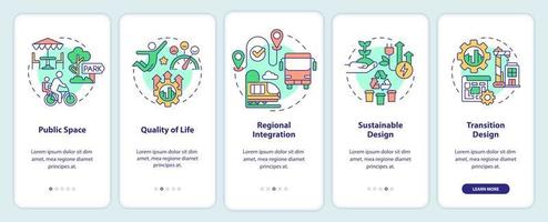 Principles of urban design onboarding mobile app screen. Life quality walkthrough 5 steps graphic instructions pages with linear concepts. UI, UX, GUI template.