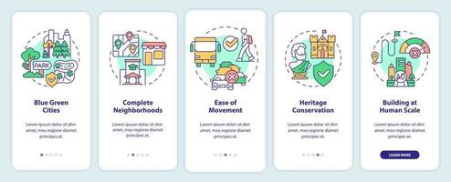 principios de diseño urbano incorporando la pantalla de la aplicación móvil. Tutorial de desarrollo de la ciudad 5 pasos páginas de instrucciones gráficas con conceptos lineales. interfaz de usuario, ux, plantilla de interfaz gráfica de usuario. vector