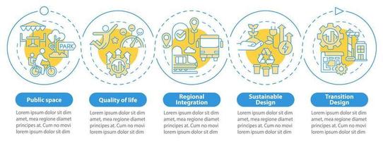 principios de la plantilla de infografía de círculo azul de diseño urbano. visualización de datos con 5 pasos. gráfico de información de la línea de tiempo del proceso. diseño de flujo de trabajo con iconos de línea. vector