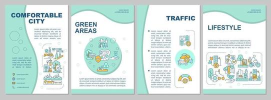 Comfortable cities mint brochure template. Urban design ideas. Leaflet design with linear icons. 4 vector layouts for presentation, annual reports.