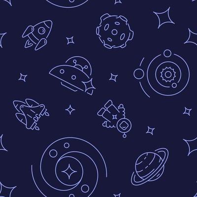 Interstellar space abstract seamless pattern. Vector shapes on dark purple background. Trendy texture with cartoon color icons. Design with graphic elements for interior, fabric, website decoration