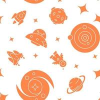 Spacecraft in space abstract seamless pattern. Vector shapes on white background. Trendy texture with cartoon color icons. Design with graphic elements for interior, fabric, website decoration