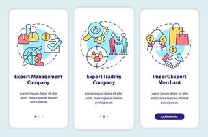 Types of import and export business onboarding mobile app screen. Walkthrough 3 steps graphic instructions pages with linear concepts. UI, UX, GUI template. vector