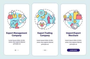 Types of import and export business onboarding mobile app screen. Walkthrough 3 steps graphic instructions pages with linear concepts. UI, UX, GUI template. vector