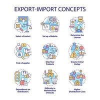 conjunto de iconos de concepto de negocio de exportación e importación. ideas de emprendimiento ilustraciones en color de línea delgada. dibujos de contorno aislados. trazo editable. vector