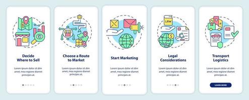 Export business tips onboarding mobile app screen. Marketing strategy. Walkthrough 5 steps graphic instructions pages with linear concepts. UI, UX, GUI template. vector