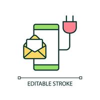 Mobile phone charging RGB color icon. Smartphone charger and adapter. Digital mailing and messaging. Isolated vector illustration. Simple filled line drawing. Editable stroke.