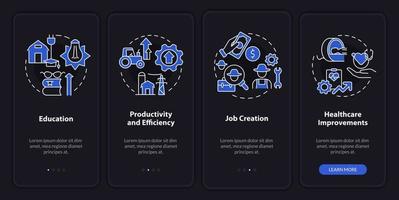 RE economic benefits night modeonboarding mobile app screen. Walkthrough 4 steps graphic instructions pages with linear concepts. UI, UX, GUI template. vector