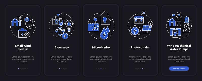Electrification technology night modeonboarding mobile app screen. Walkthrough 5 steps graphic instructions pages with linear concepts. UI, UX, GUI template.