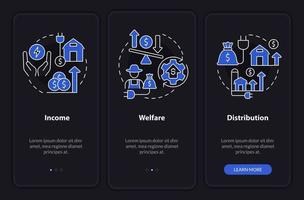 Rural electrification impact night modeonboarding mobile app screen. Walkthrough 3 steps graphic instructions pages with linear concepts. UI, UX, GUI template. vector