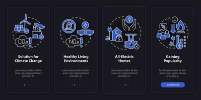 Benefits of electrification night modeonboarding mobile app screen. Walkthrough 4 steps graphic instructions pages with linear concepts. UI, UX, GUI template. vector