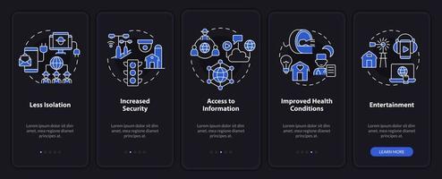 Benefits of energy services night modeonboarding mobile app screen. Walkthrough 5 steps graphic instructions pages with linear concepts. UI, UX, GUI template. vector