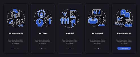 Business communication etiquette night mode onboarding mobile app screen. Walkthrough 5 steps graphic instructions pages with linear concepts. UI, UX, GUI template. vector