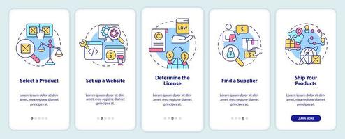 How to start export business onboarding mobile app screen. Walkthrough 5 steps graphic instructions pages with linear concepts. UI, UX, GUI template. vector