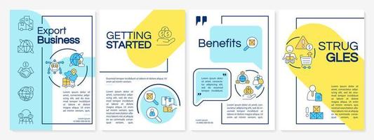 Trading abroad blue and yellow brochure template. Exporting business Leaflet design with linear icons. 4 vector layouts for presentation, annual reports.