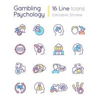 Gambling psychology RGB color icons set. Reasons of addiction. Overcoming problem. Isolated vector illustrations. Simple filled line drawings collection. Editable stroke.